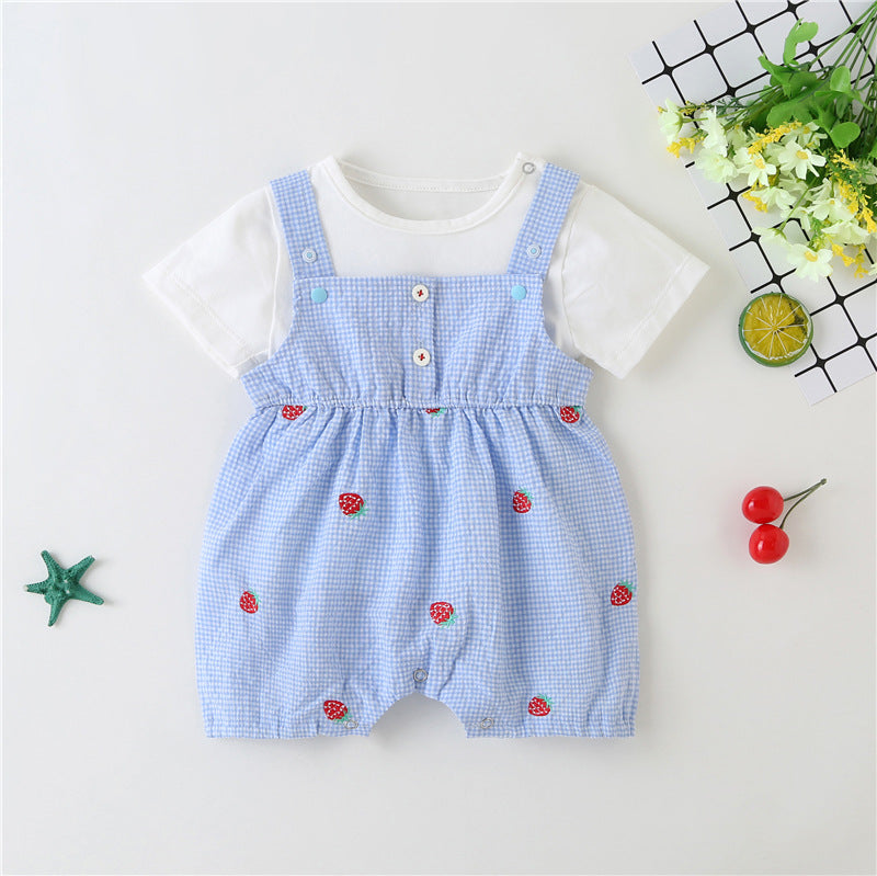 Baby Girl 1pcs Plaid Graphic Strawberries Embroidery Snap Button Jumpsuit & Solid Tee Sets