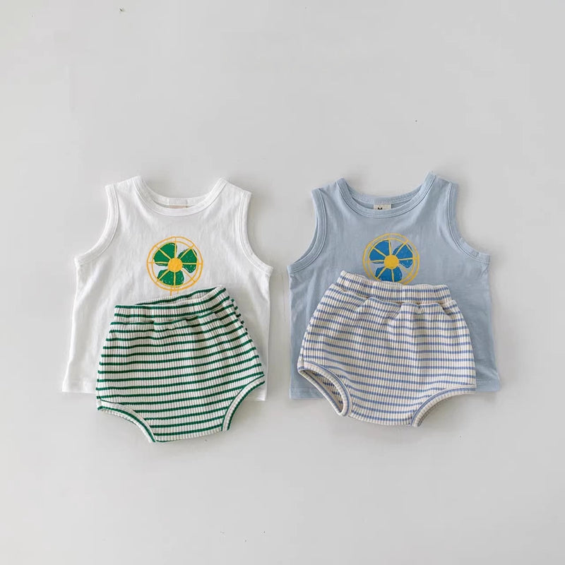 Summer Baby Kids Unisex Cartoon Pattern Top Vest And Striped Bloomers Clothing Set