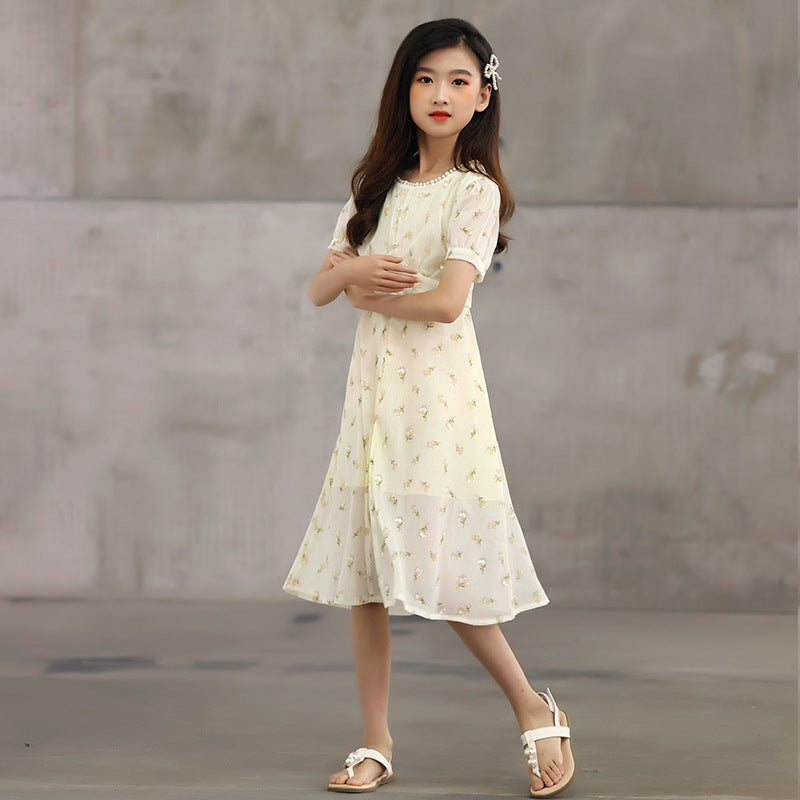 New Arrival Summer Kids Girls French Style Chiffon Fashion Short Sleeves Floral Dress