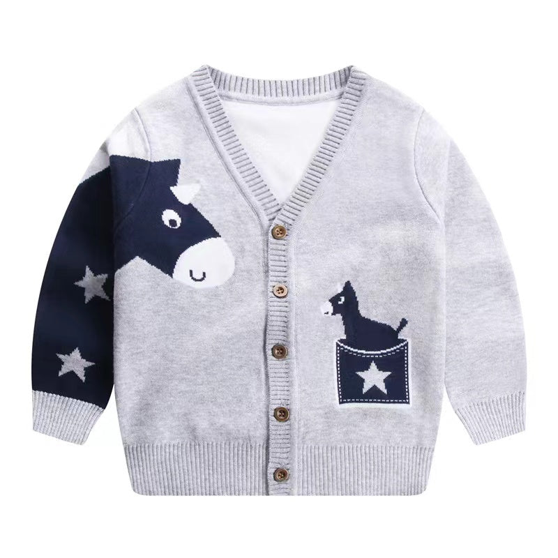 Baby Boy Cartoon Animal Embroidered Pattern Button Front V-Neck Cardigan