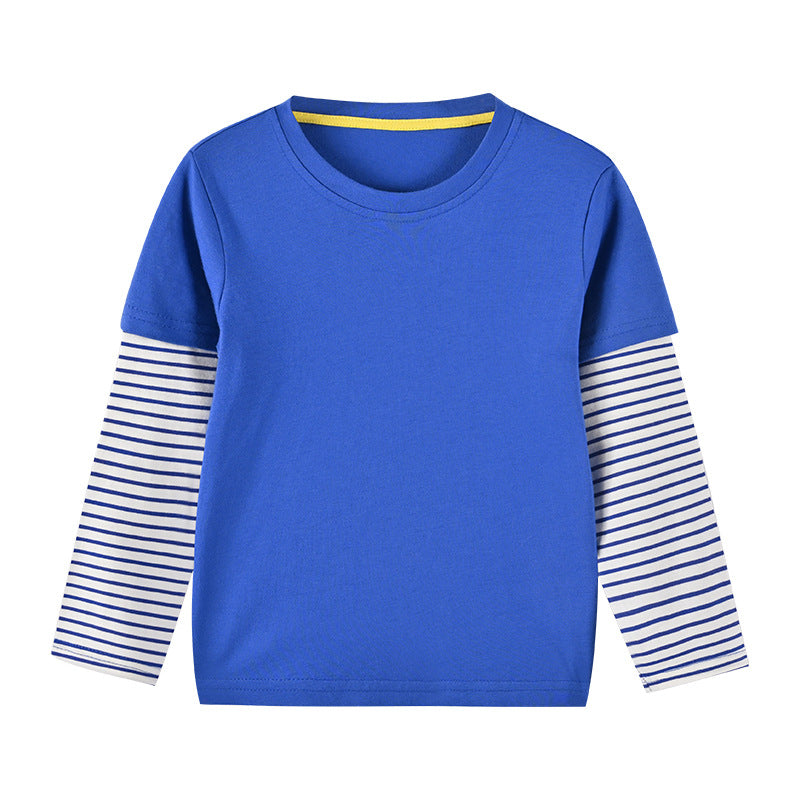 Boys And Girls Striped Sleeve Patchwork O-Neck Fake 2-Pieces Hoodie In Autumn