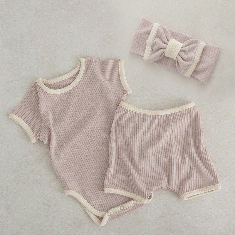 Baby Unisex Solid Color Comfy Cotton Onesies & Shorts Sets With Headband