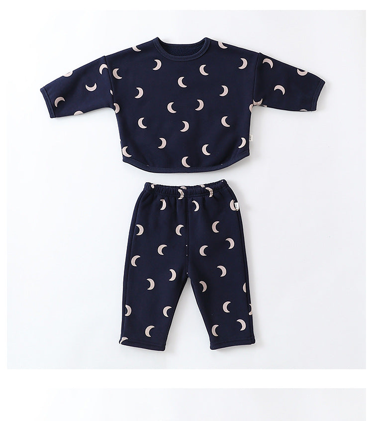 Unisex Baby Moon Print Round Collar Top Combo Long Pants In Sets