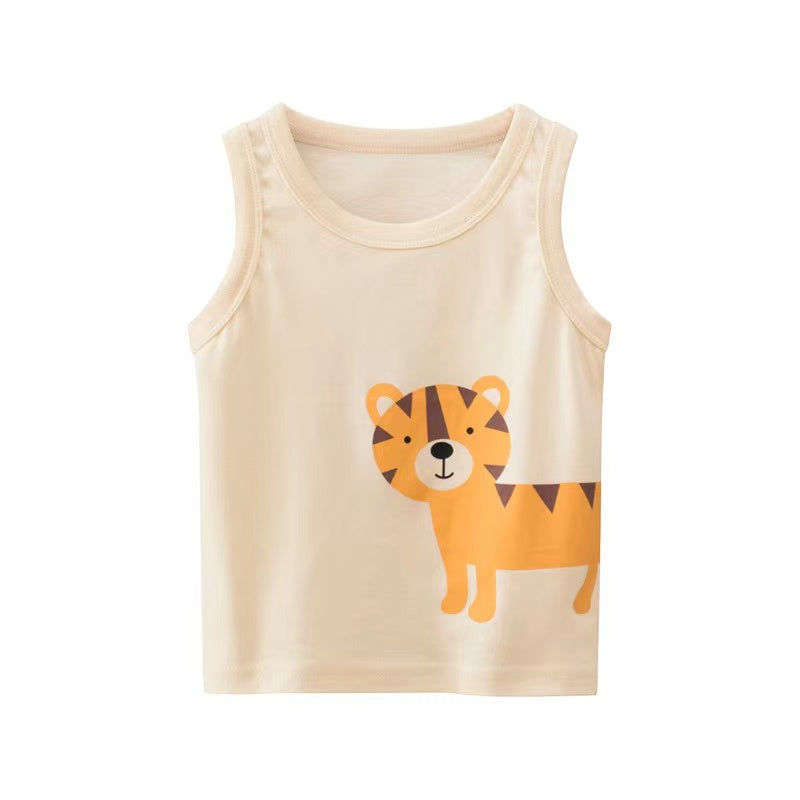 Baby Boy Animal Print Round Neck Sleeveless Children’s Tops In Summer