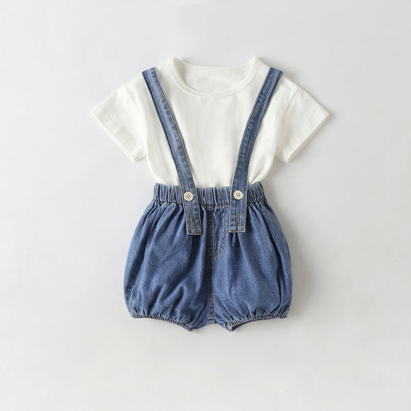 Baby Girl Solid Color Tee Combo Denim Strap Shorts 1-Piece Sets