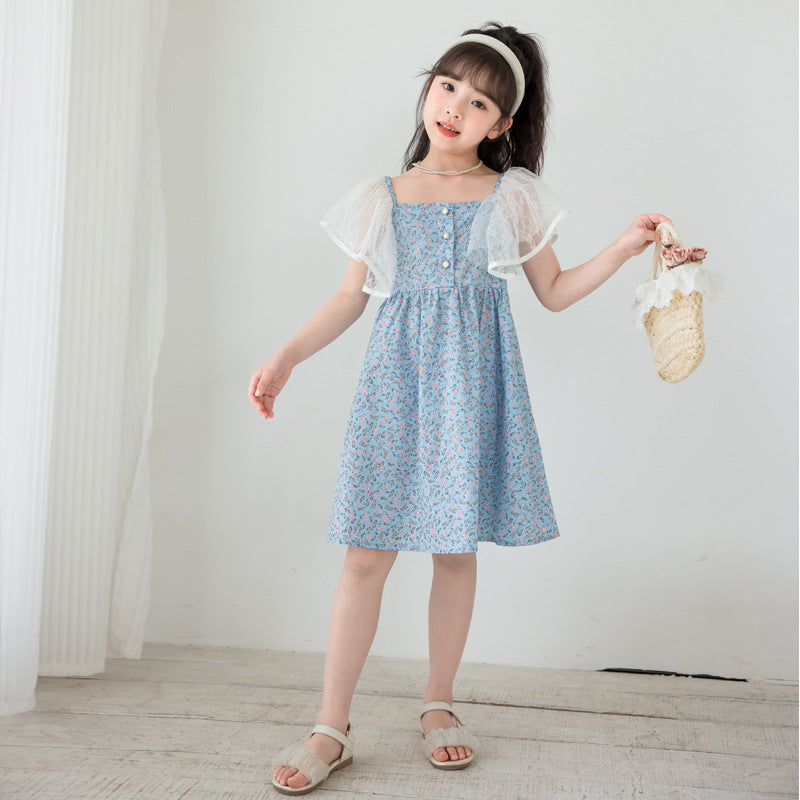 Ditsy Flower Pattern Mesh Flying Sleeves Dress