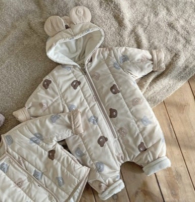 Baby Bear Print Pattern Quilted Warm Coat & Jumpsuit