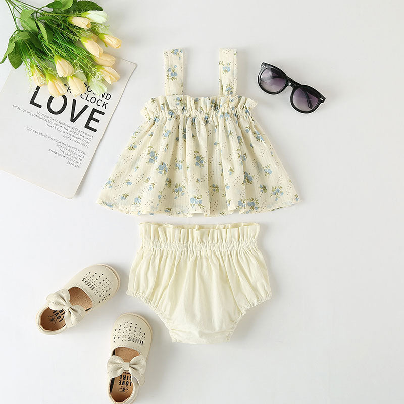 Baby Girl Floral Print Pattern Sleeveless Tops Combo Shorts Sets In Summer