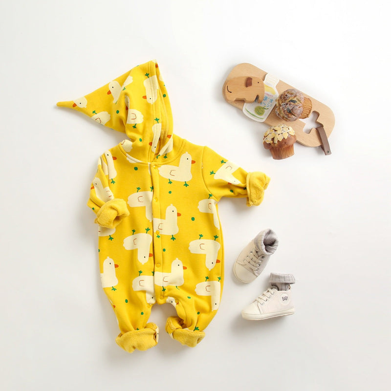 Baby 1pcs Cartoon Duck Print Button Front Rompers & Onesies With Triangle Hats