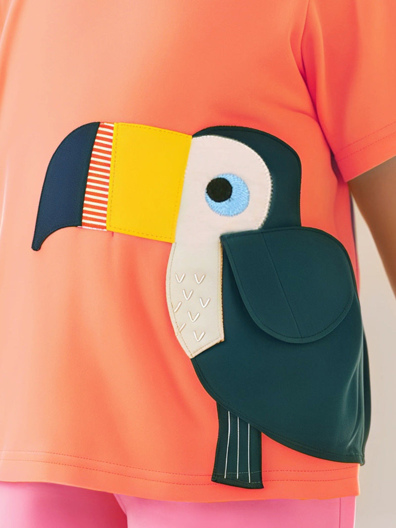 Kids’ Birds Cartoon Pattern Short Sleeves T-shirt in European and American Style for Summer