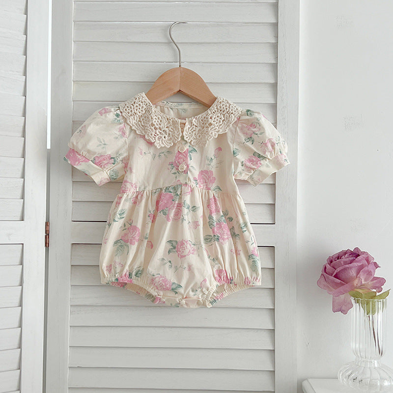 Summer Girls Floral Pattern Hollow Out Peter Pan Collar Short Sleeves Onesies And Girls’ Dress – Princess Sister Matching Set