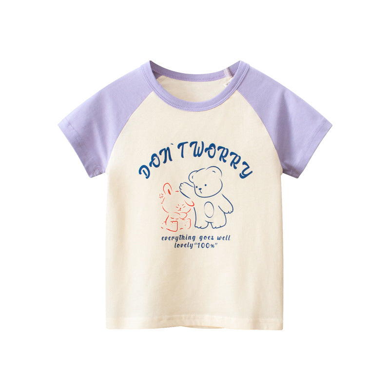 Baby Print Pattern Colorblock Design O-Neck Tee