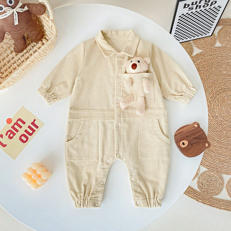 Baby 3D Cartoon Bear Patched Design Corduroy Fabric Button Front Romper