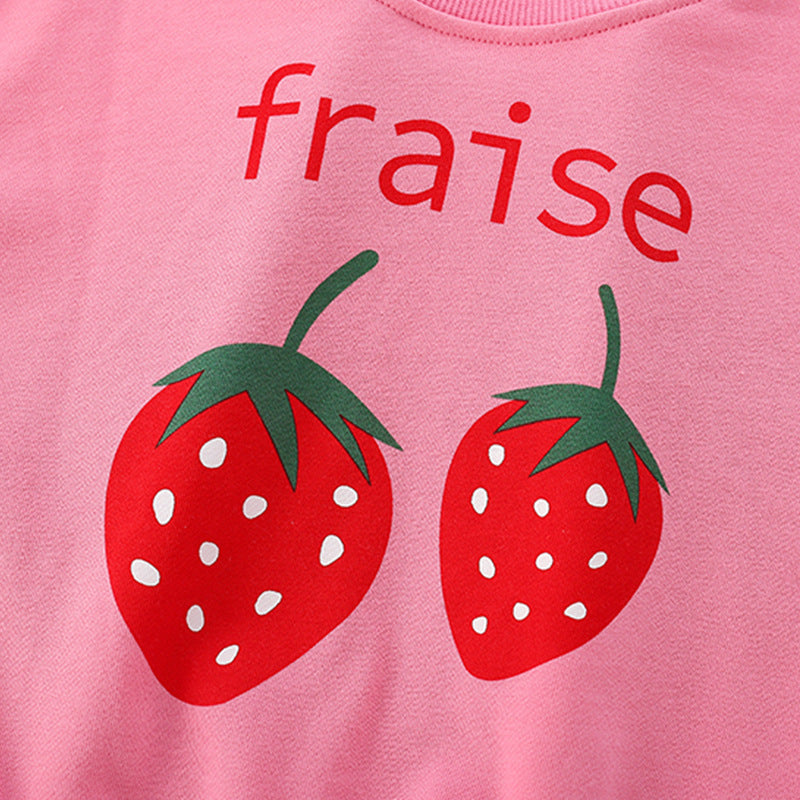 Baby Girl Strawberry Print Pattern Crewneck Terry Hoodies