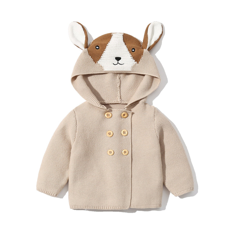 Baby Solid Color Cartoon Design Hooded Knitted Fashion Cardigan