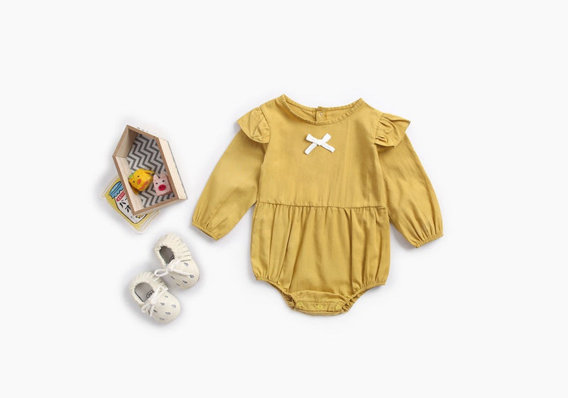 Baby Girl Solid Color Bow Patched Design Little Butterfly Sleeves Bodysuit