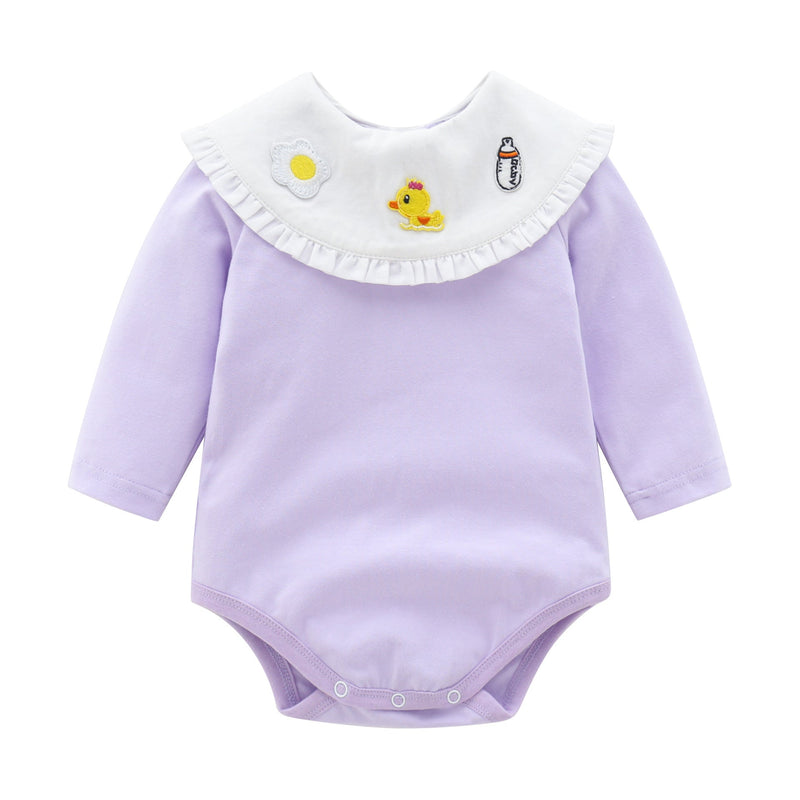 Baby Girl 1pcs Cartoon Embroidered Pattern Ruffle Neck Long Sleeved Triangle Bodysuit