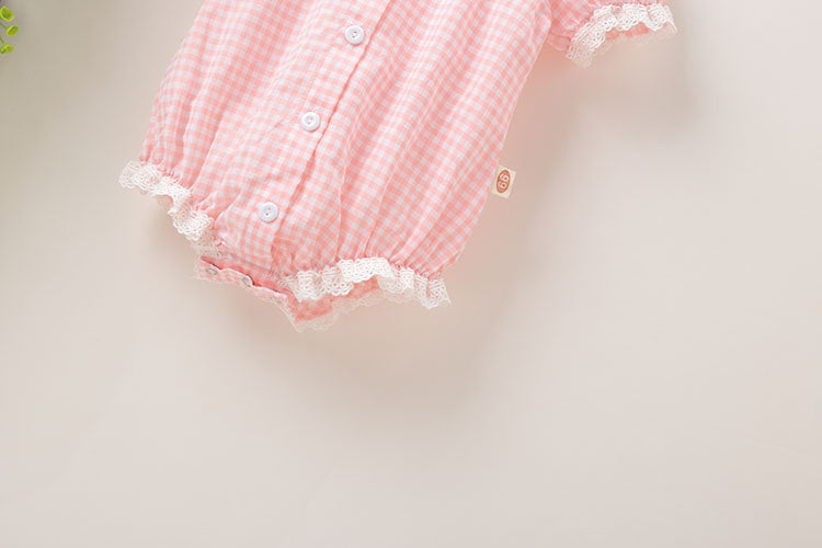 Baby Girl Plaid Pattern Lace Patchwork Design Bubble Short-Sleeved Onesies With Buttons