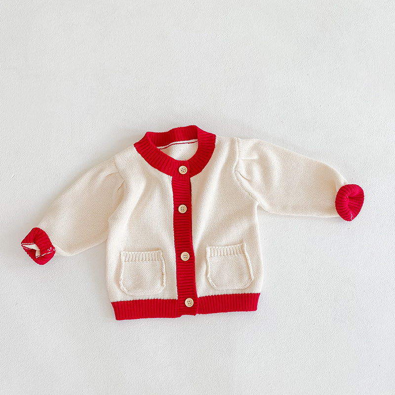 Baby Girl 1pcs Contrast Pattern Buttoned Front Puff Sleeve Knitted Cardigan