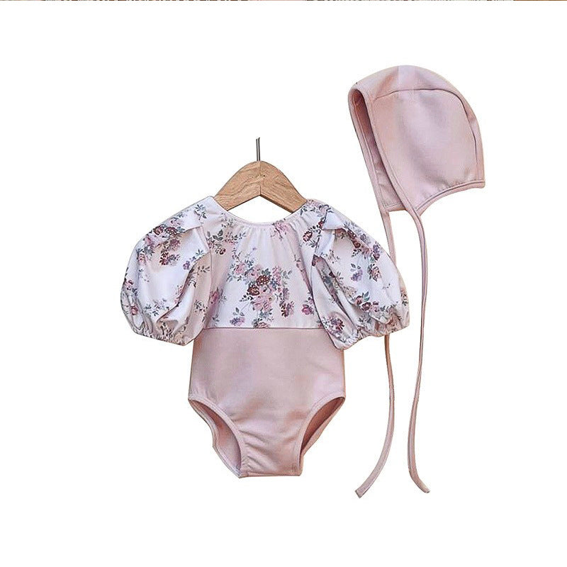 Baby Girl Floral Pattern Puff Sleeves Swimwear With Hats