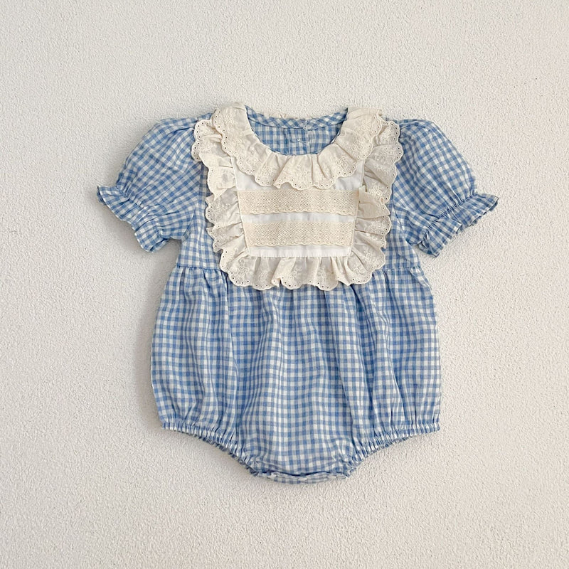 New Arrival Summer Girls Blue Plaid Noble Crew Neck Short Sleeves Onesies And Dress – Princess Sister Matching Set