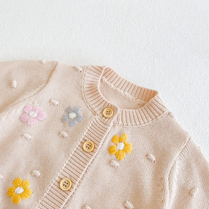 Baby Girl Floral Embroidered Graphic Button Front Design Knitted Cardigan