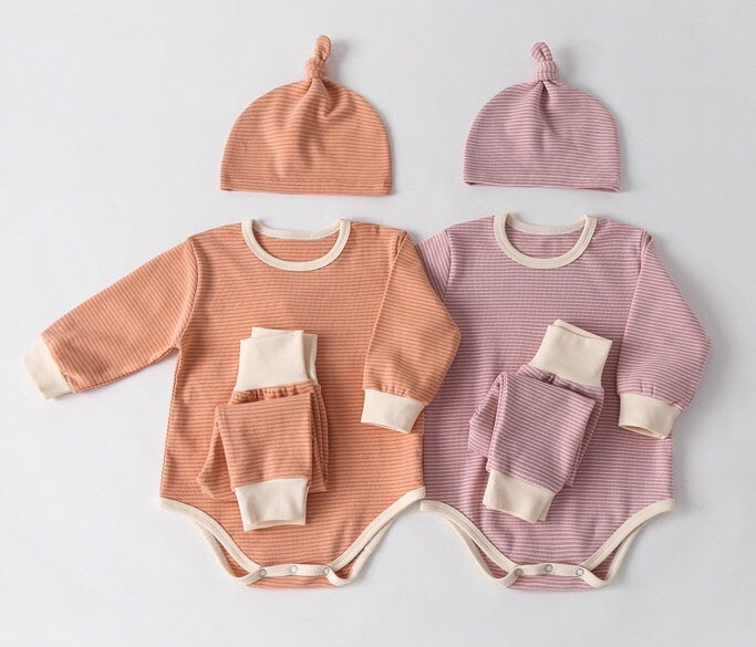 Baby Striped Graphic Bodysuit Onesies Combo Pants & Hat 3 Pieces Sets Tracksuit