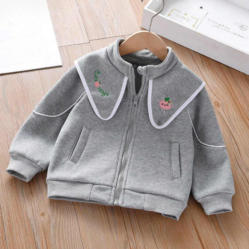 Baby Girl Embroidered Lapel Design Solid Color Quality Coat