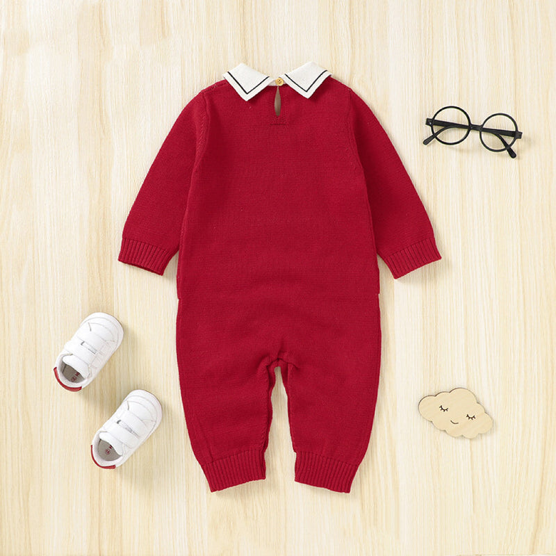 Baby Cartoon Bear Pattern Lapel Design Knitted Romper