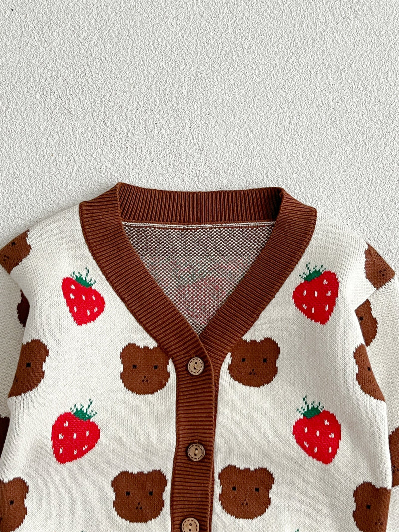 Baby Girls Cute Strawberry Combo Little Bear Head Long-Sleeved Cardigan