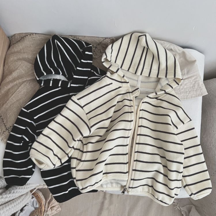 Baby Striped Pattern Single Breasted Design Long Sleeve Coat With Hat