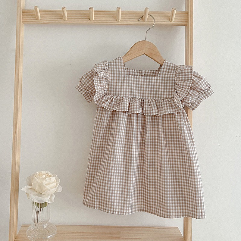 Baby Plaid Pattern Square Neck Puff Sleeves Onesies & Dress