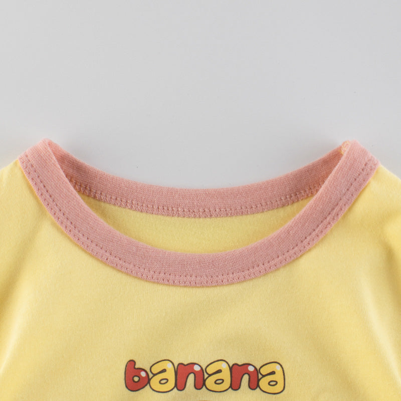 Girl Apple Banana Pear With Doll Print Round-Collar Short-Sleeved Shirt