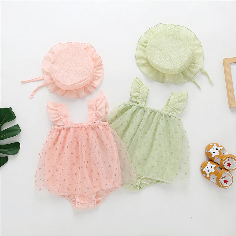 Baby Girl 1pcs Solid Color Heart Graphic Mesh Overlay Sleeveless Dress & Hat