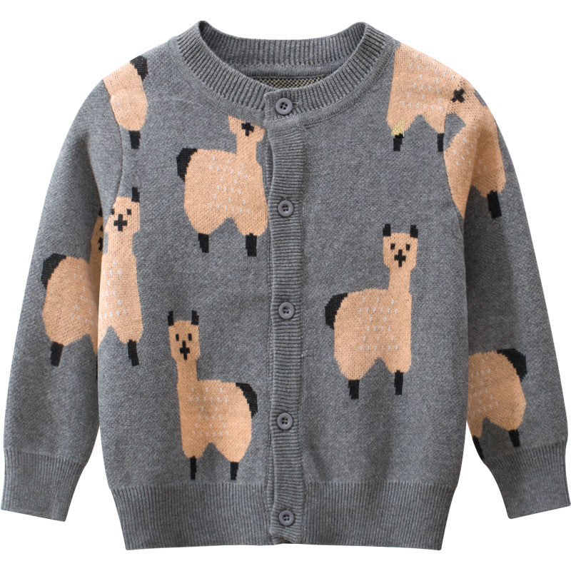 Baby Boy Cartoon Llama Embroidered Pattern Button Front Knitted Cardigan