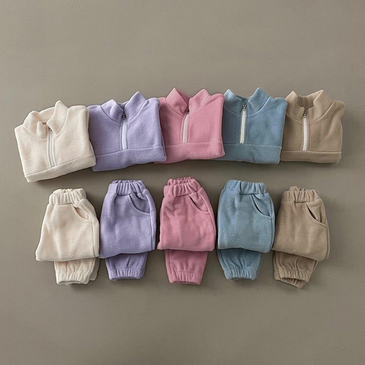 Baby Solid Color Double Sided Fleece Stand Collar Sweater Sets