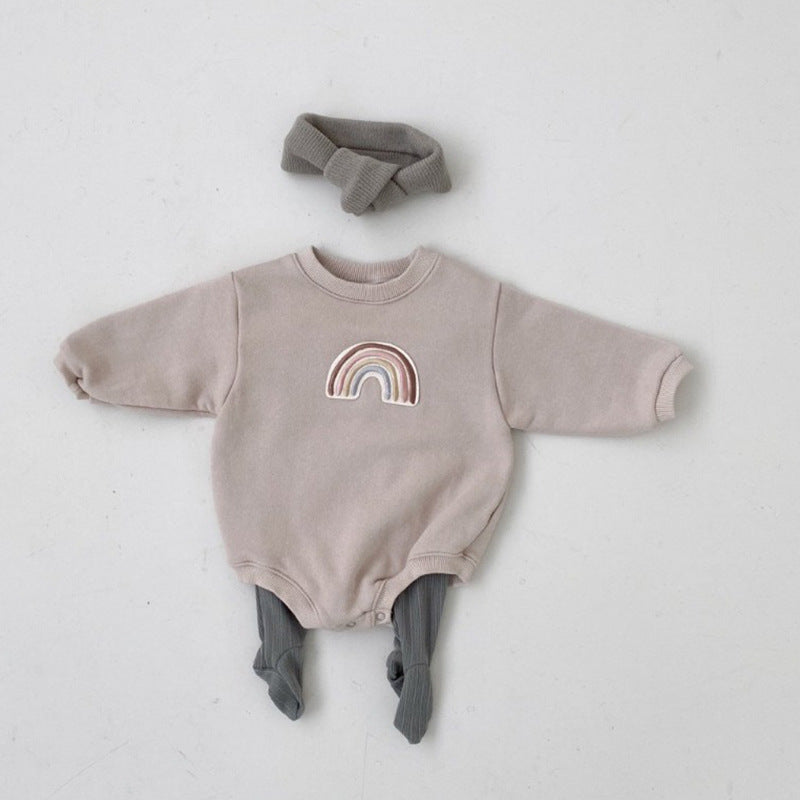 Baby 1pcs Rainbow Embroidery Pattern Solid Color Long Sleeves Soft Bodysuit