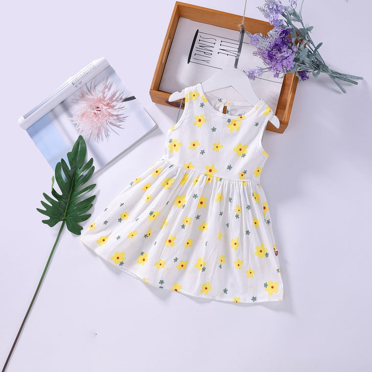 Baby Girls Floral Print Sleeveless Round Collar Dress In Summer