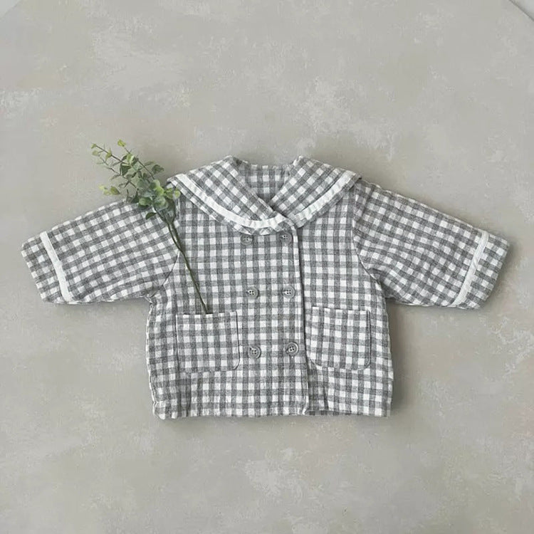 Baby Plaid Pattern Solid Color Lapel Design Cute Style Quilted Coat