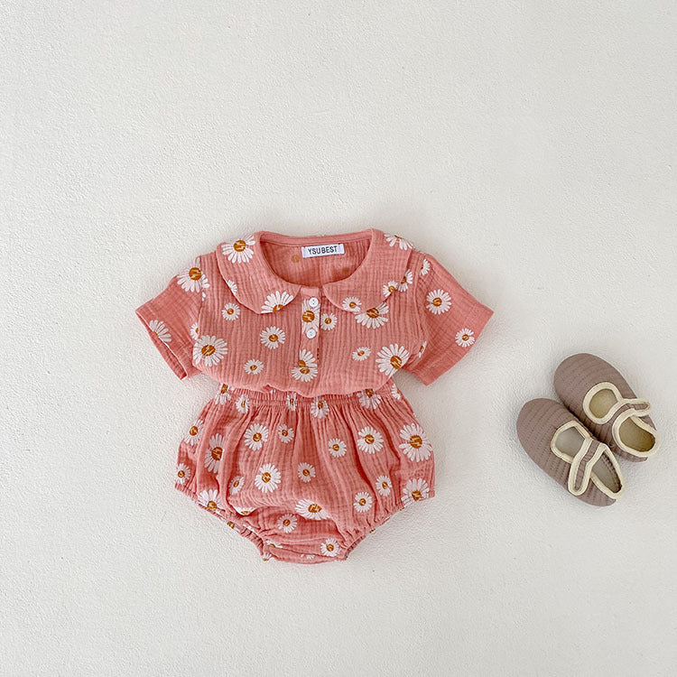 ummer Hot Selling Baby Girls Short Sleeves Flowers Pattern Top Peter Pan Collar Shirt And Bloomers Pajamas Clothing Set