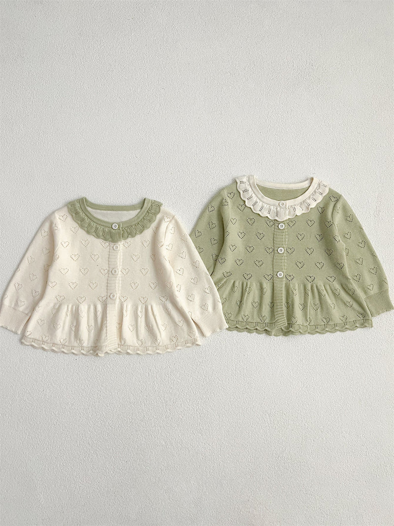 Autumn New Arrival Baby Kids Girls Comfortable Hollow-out Design Knitted Long Sleeves Top with Heart Pattern and Collar