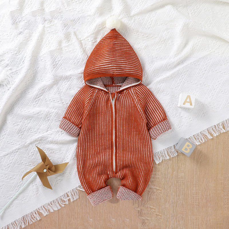 Baby Solid Color Zipper Front Design Hooded Knitted Romper