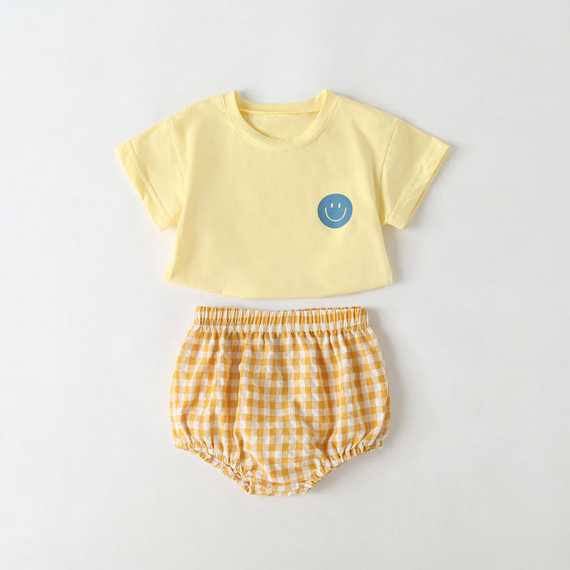 Baby Smiley Print Pattern Solid Tee Combo Plaid Pattern Triangle Shorts Sets