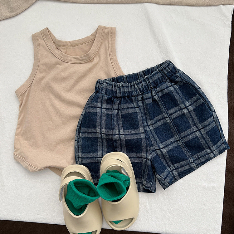 Baby Denim Blue Plaid Pattern Loose Shorts