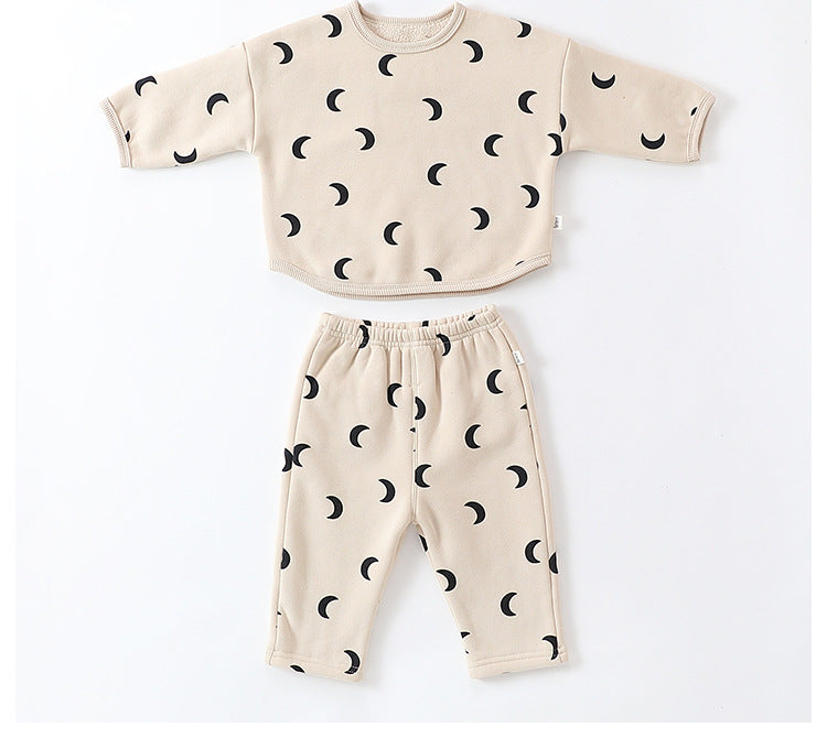 Unisex Baby Moon Print Round Collar Top Combo Long Pants In Sets