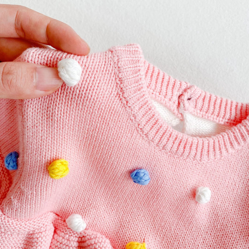 Baby Girl 1pc Colorful Handmade Ball Patched Contrast Ruffle Knitted Pullover Sweaters