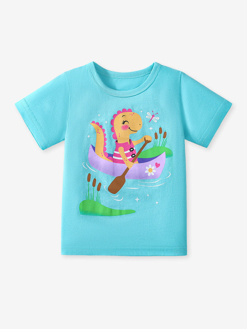 Girls’ Dinosaurs Cartoon Pattern Short Sleeves T-shirt in European and American Style for Summer