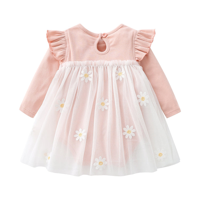 Baby Girls Floral Lace Patchwork Design Ruffle Long-Sleeved Dress Onesies In Spring & Autumn