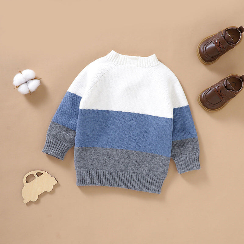 Baby Boy Color block Pattern Quarter Button Design Pullover Crewneck Knitwear Sweater