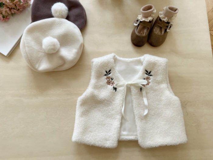 Baby Floral Embroidered Pattern Lamb Wool Vest Jacket